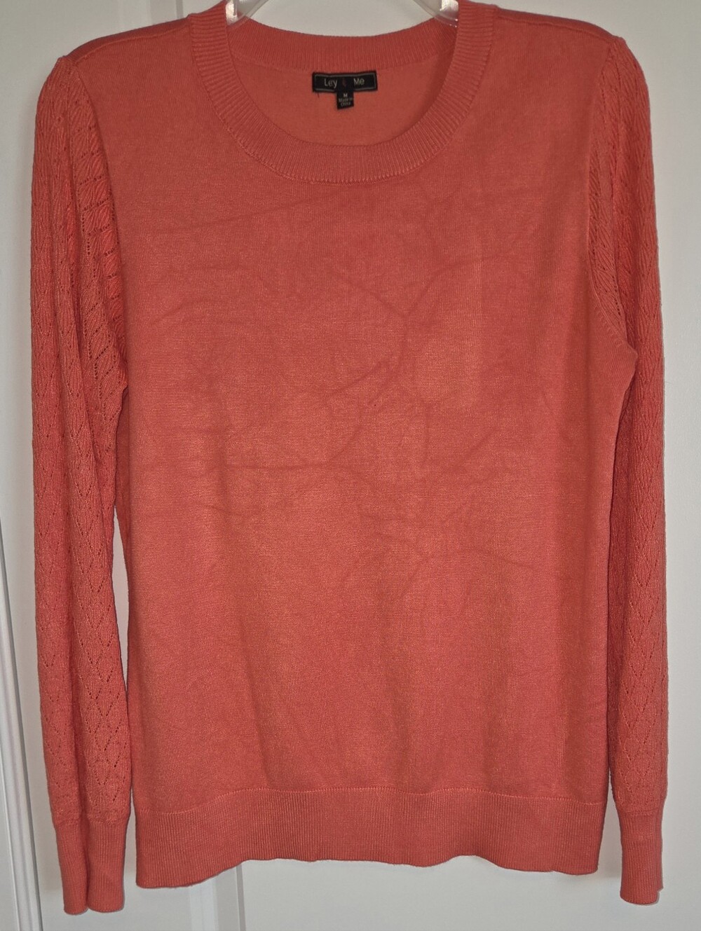 Lety & Me Coral Pink Pointelle Open Knit Sleeve Crewneck Sweater Medium